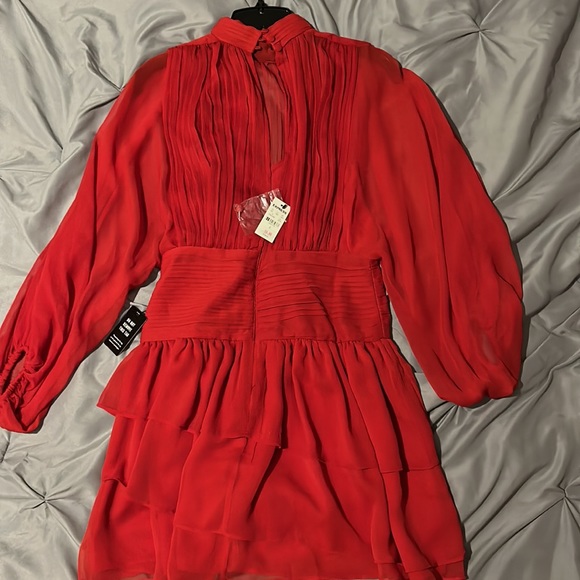 Express Mock Neck Long Sleeve Pleated Waist Tiered Ruffle Mini Red Dress - Picture 5 of 9